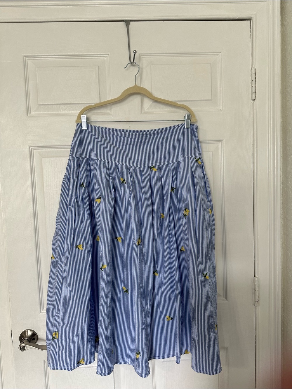 Free Assembly NWT Blue Pinstripe Midi Skirt with Yellow Floral Embroidery